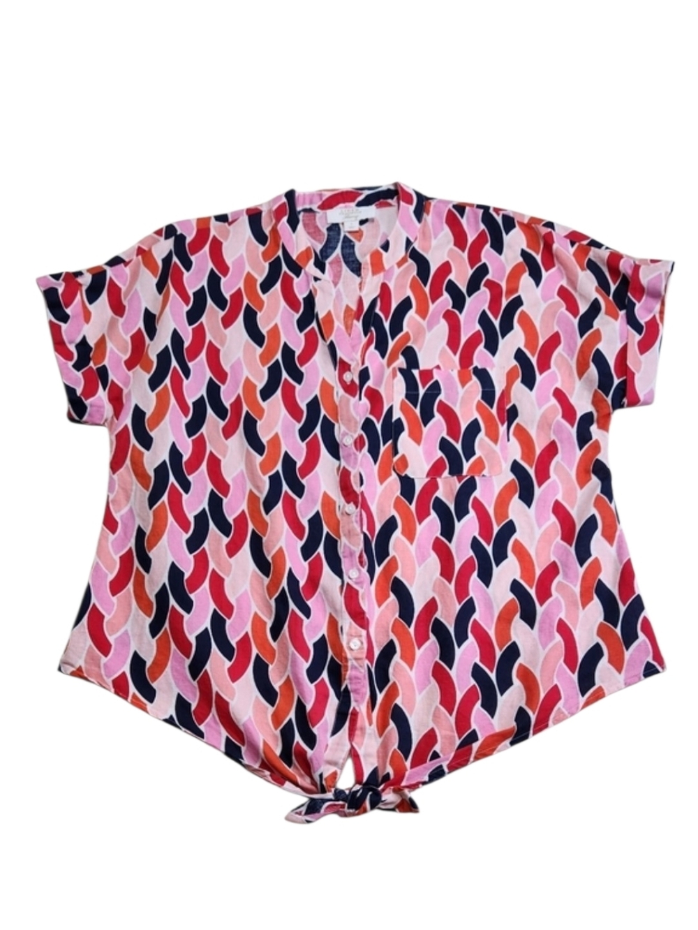 CHARTER CLUB Luxury Blouse 100% Linen Button Tie Short Sleeve Pink Red Sz Small